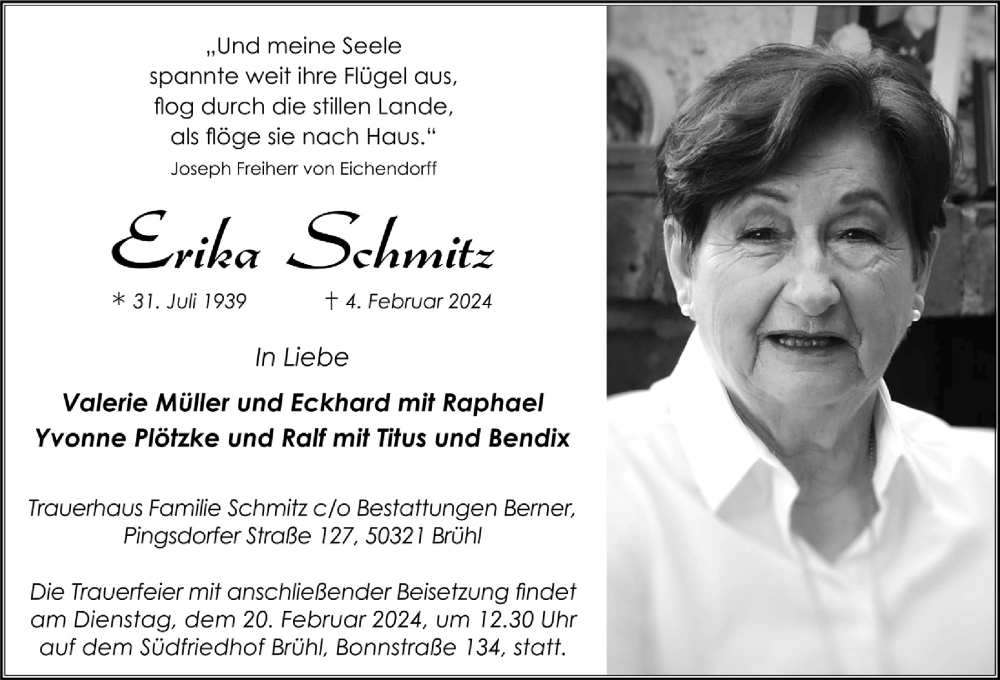  Traueranzeige für Erika Schmitz vom 09.02.2024 aus  Schlossbote/Werbekurier 