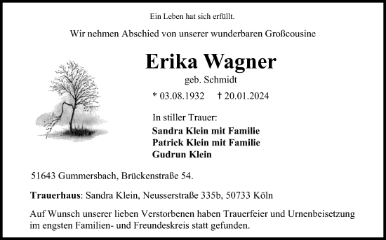 Anzeige von Erika Wagner von Kölner Stadt-Anzeiger / Kölnische Rundschau / Express