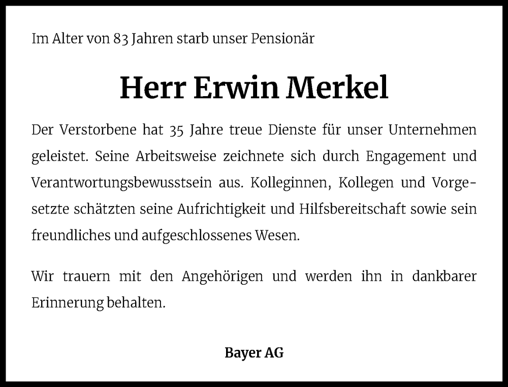  Traueranzeige für Erwin Merkel vom 07.02.2024 aus Kölner Stadt-Anzeiger / Kölnische Rundschau / Express