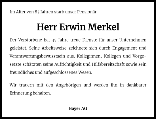 Anzeige von Erwin Merkel von Kölner Stadt-Anzeiger / Kölnische Rundschau / Express