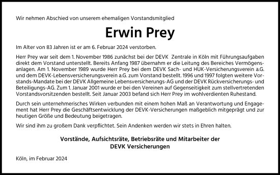 Anzeige von Erwin Prey von Kölner Stadt-Anzeiger / Kölnische Rundschau / Express