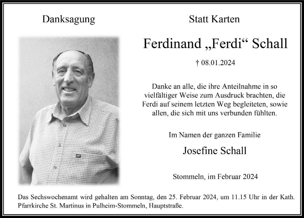  Traueranzeige für Ferdinand Schall vom 23.02.2024 aus  Wochenende 