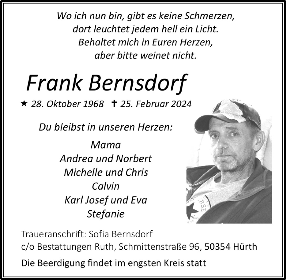  Traueranzeige für Frank Bernsdorf vom 01.03.2024 aus  Wochenende 