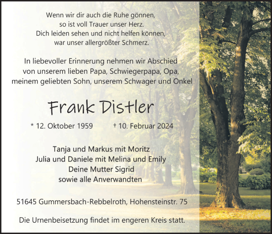 Anzeige von Frank Distler von  Anzeigen Echo 