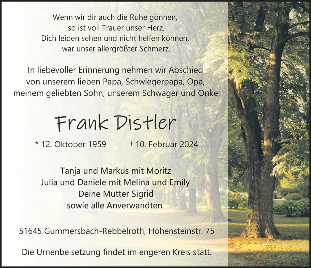  Traueranzeige für Frank Distler vom 16.02.2024 aus  Anzeigen Echo 