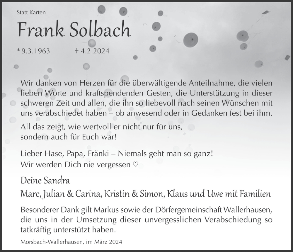  Traueranzeige für Frank Solbach vom 01.03.2024 aus  Lokalanzeiger 