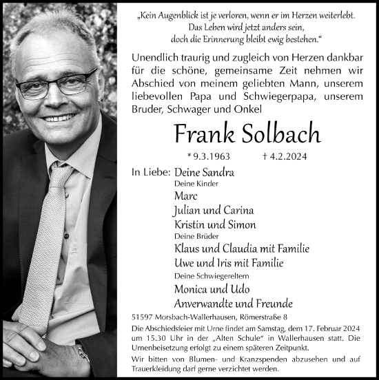 Anzeige von Frank Solbach von  Lokalanzeiger 