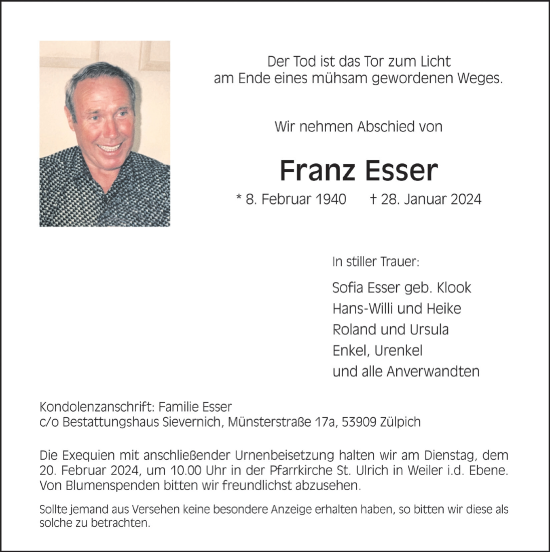 Anzeige von Franz Esser von  Werbepost 