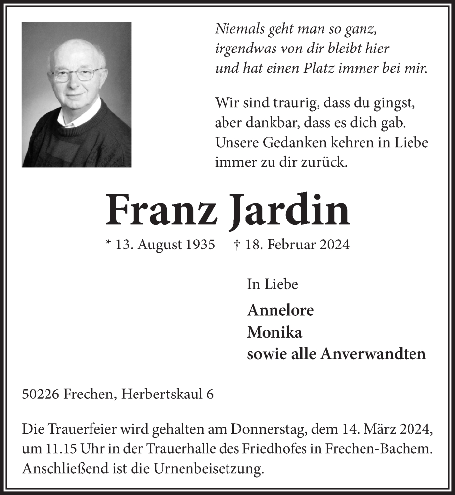  Traueranzeige für Franz Jardin vom 01.03.2024 aus  Wochenende 