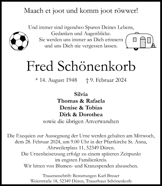 Anzeige von Fred Schönenkorb von Kölner Stadt-Anzeiger / Kölnische Rundschau / Express
