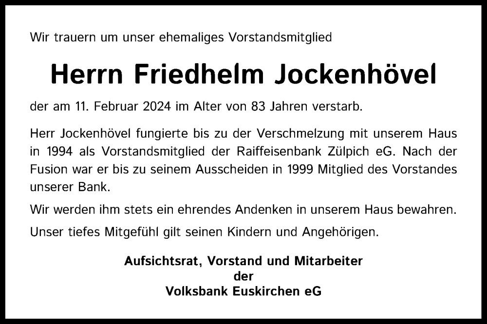  Traueranzeige für Friedhelm Jockenhövel vom 27.02.2024 aus Kölner Stadt-Anzeiger / Kölnische Rundschau / Express