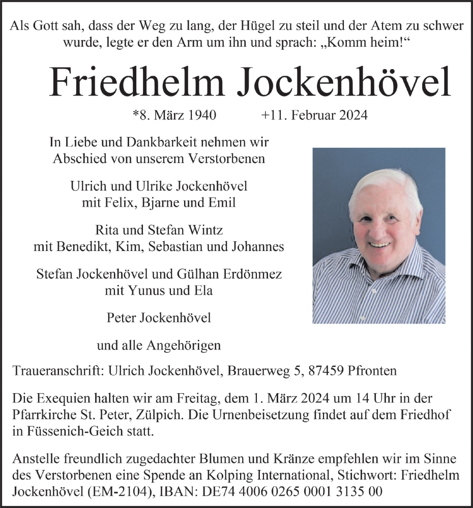  Traueranzeige für Friedhelm Jockenhövel vom 24.02.2024 aus  Blickpunkt Euskirchen 