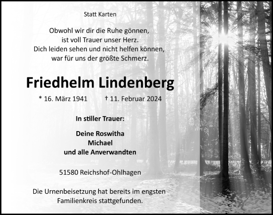 Anzeige von Friedhelm Lindenberg von  Anzeigen Echo 