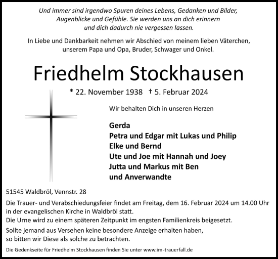 Anzeige von Friedhelm Stockhausen von  Lokalanzeiger 