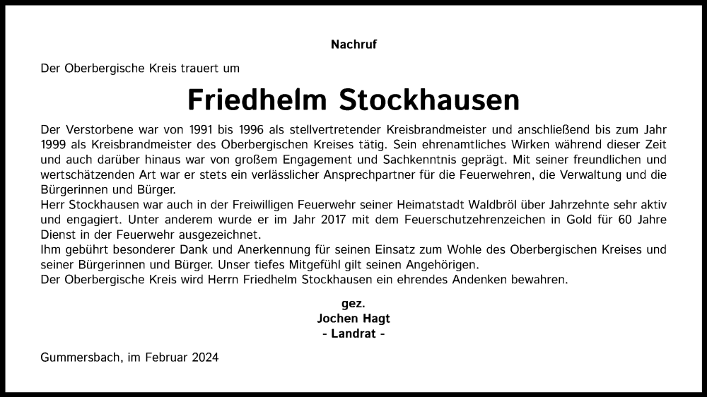  Traueranzeige für Friedhelm Stockhausen vom 17.02.2024 aus Kölner Stadt-Anzeiger / Kölnische Rundschau / Express