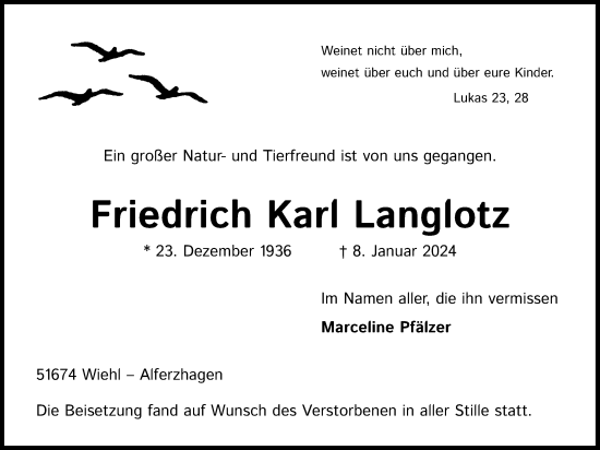 Anzeige von Friedrich Karl Langlotz von Kölner Stadt-Anzeiger / Kölnische Rundschau / Express