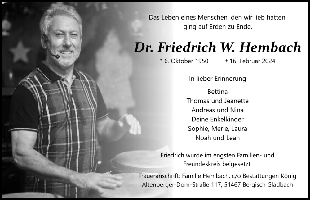  Traueranzeige für Friedrich W. Hembach vom 01.03.2024 aus  Bergisches Handelsblatt 