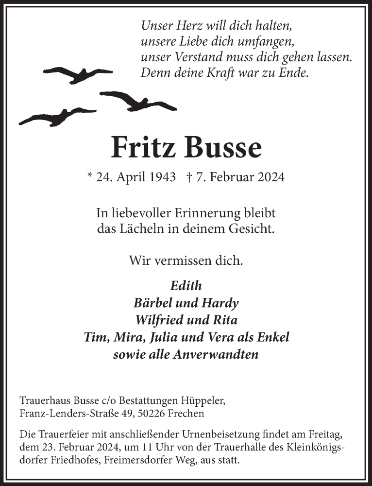  Traueranzeige für Fritz Busse vom 16.02.2024 aus  Wochenende 