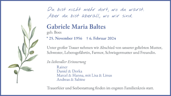 Anzeige von Gabriele Maria Baltes von Kölner Stadt-Anzeiger / Kölnische Rundschau / Express
