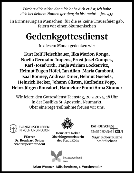 Anzeige von Gedenkgottesdienst  von Kölner Stadt-Anzeiger / Kölnische Rundschau / Express
