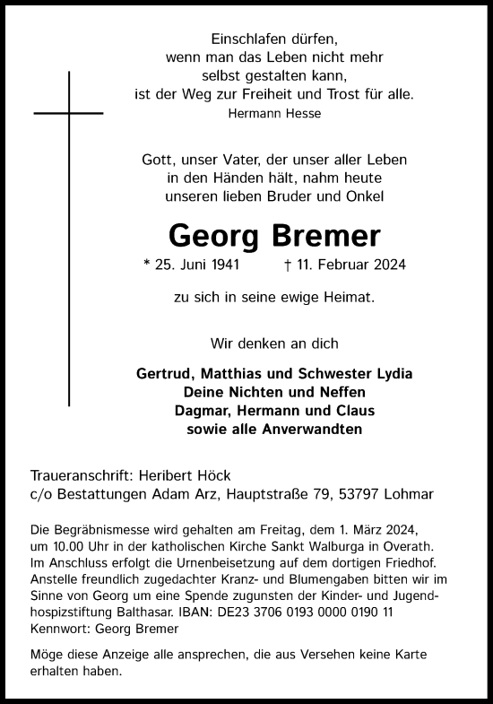 Anzeige von Georg Bremer von Kölner Stadt-Anzeiger / Kölnische Rundschau / Express