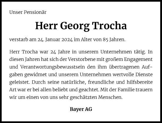 Anzeige von Georg Trocha von Kölner Stadt-Anzeiger / Kölnische Rundschau / Express