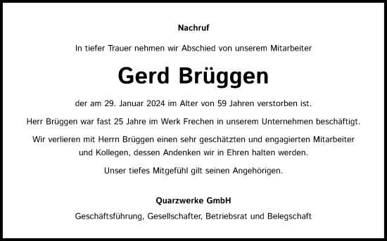 Anzeige von Gerd Brüggen von Kölner Stadt-Anzeiger / Kölnische Rundschau / Express