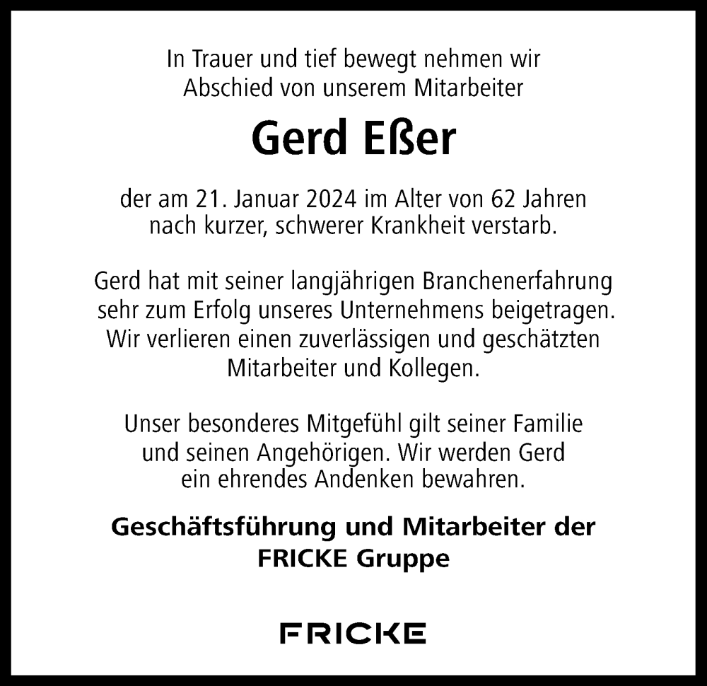  Traueranzeige für Gerd Eßer vom 02.02.2024 aus Kölner Stadt-Anzeiger / Kölnische Rundschau / Express