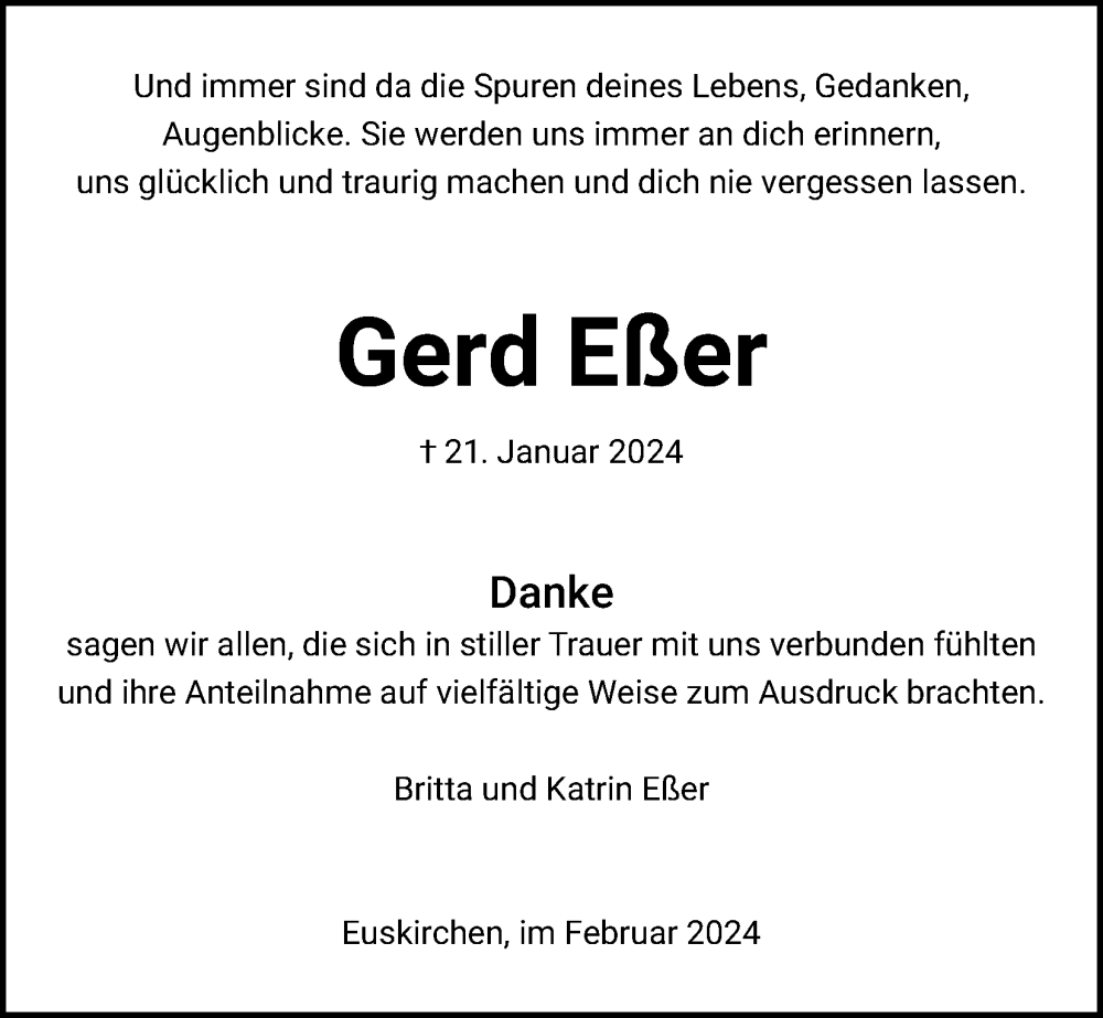  Traueranzeige für Gerd Eßer vom 17.02.2024 aus Kölner Stadt-Anzeiger / Kölnische Rundschau / Express