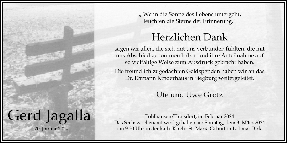  Traueranzeige für Gerd Jagalla vom 17.02.2024 aus Kölner Stadt-Anzeiger / Kölnische Rundschau / Express