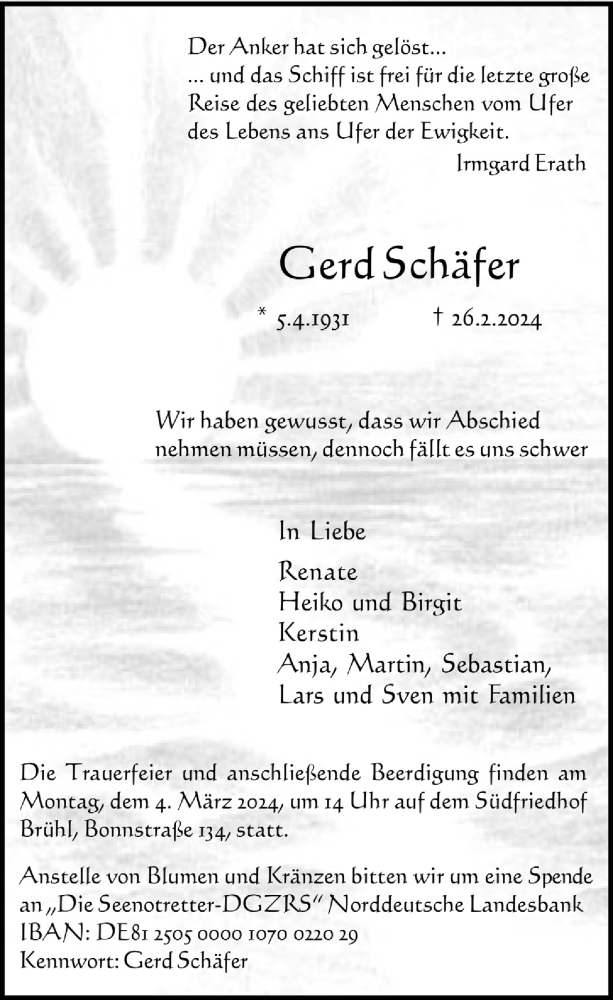  Traueranzeige für Gerd Schäfer vom 01.03.2024 aus  Schlossbote/Werbekurier 