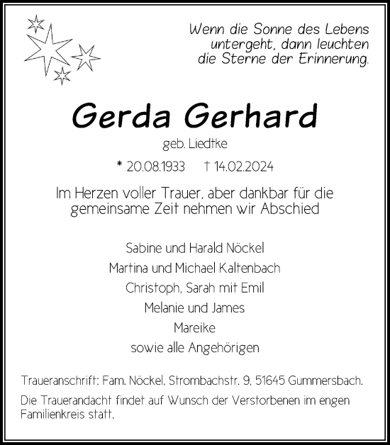 Anzeige von Gerda Gerhard von Kölner Stadt-Anzeiger / Kölnische Rundschau / Express