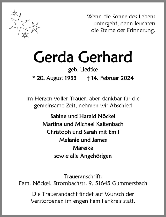 Anzeige von Gerda Gerhard von  Anzeigen Echo 