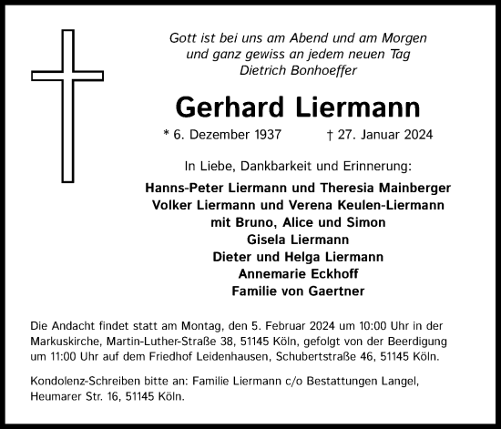 Anzeige von Gerhard Liermann von Kölner Stadt-Anzeiger / Kölnische Rundschau / Express