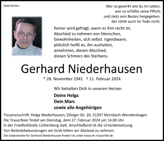 Anzeige von Gerhard Niederhausen von  Lokalanzeiger 