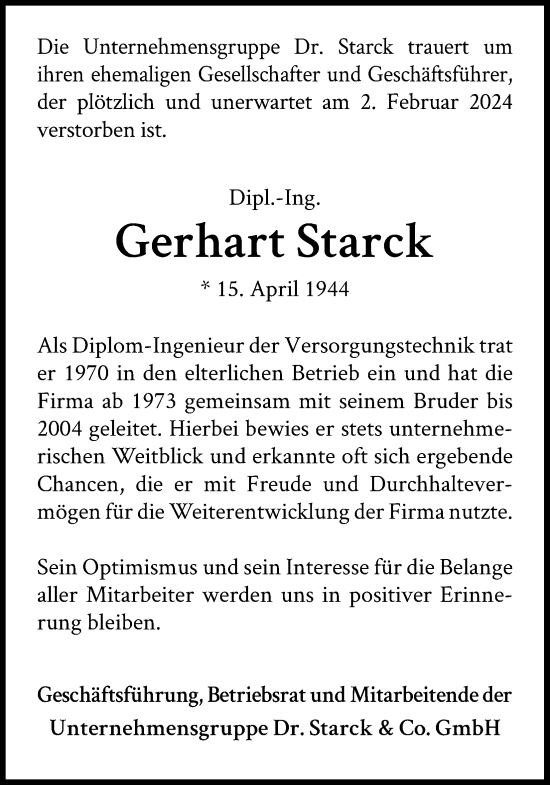 Anzeige von Gerhart Starck von Kölner Stadt-Anzeiger / Kölnische Rundschau / Express