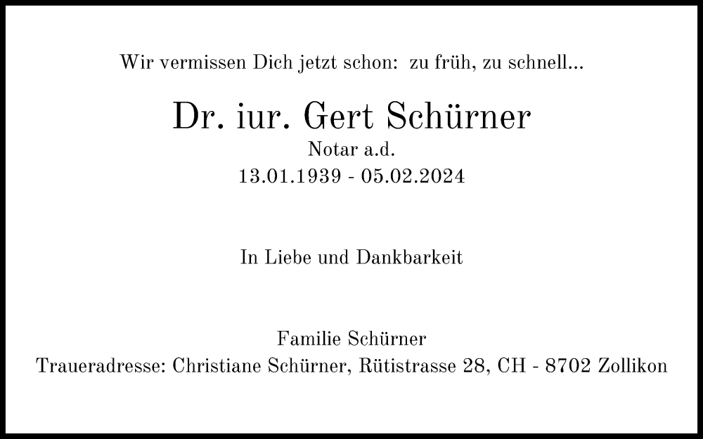  Traueranzeige für Gert Schürner vom 10.02.2024 aus Kölner Stadt-Anzeiger / Kölnische Rundschau / Express