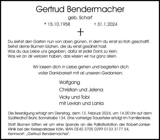 Anzeige von Gertrud Bendermacher von Kölner Stadt-Anzeiger / Kölnische Rundschau / Express