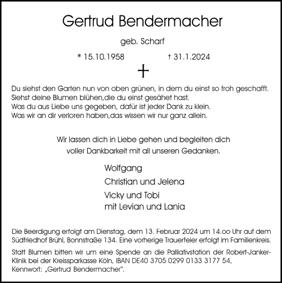 Anzeige von Gertrud Bendermacher von  Schlossbote/Werbekurier 