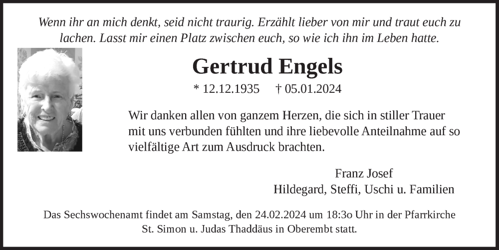  Traueranzeige für Gertrud Engels vom 23.02.2024 aus  Werbepost 