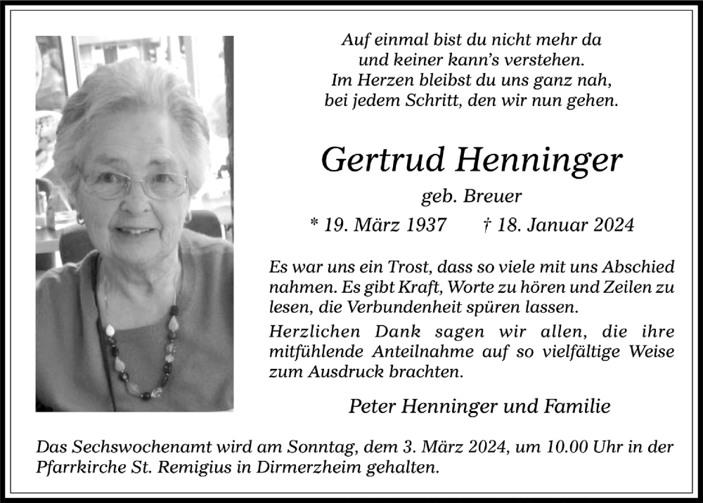  Traueranzeige für Gertrud Henninger vom 23.02.2024 aus  Werbepost 