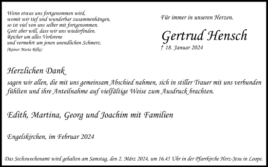 Anzeige von Gertrud Hensch von Kölner Stadt-Anzeiger / Kölnische Rundschau / Express
