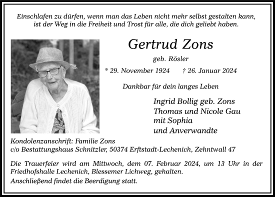 Anzeige von Gertrud Zons von  Werbepost 