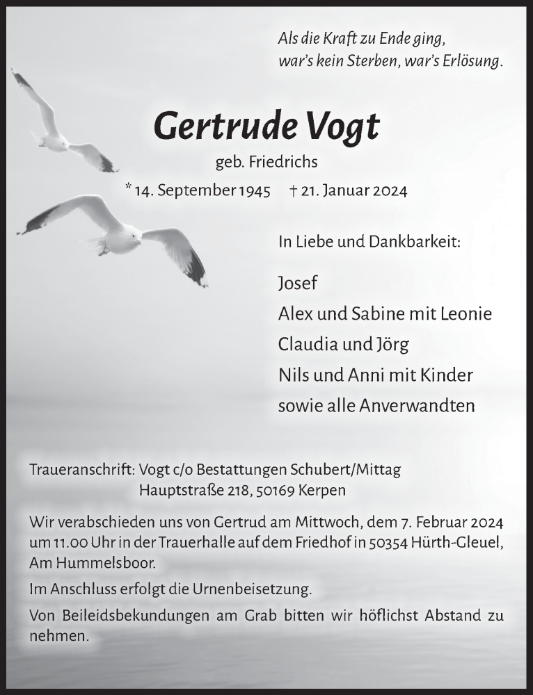  Traueranzeige für Gertrude Vogt vom 02.02.2024 aus  Wochenende 
