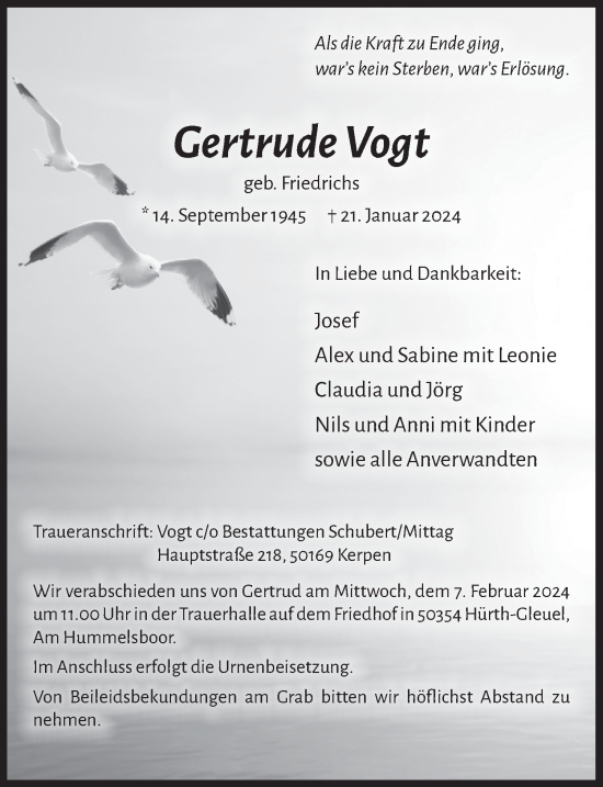 Anzeige von Gertrude Vogt von  Wochenende 