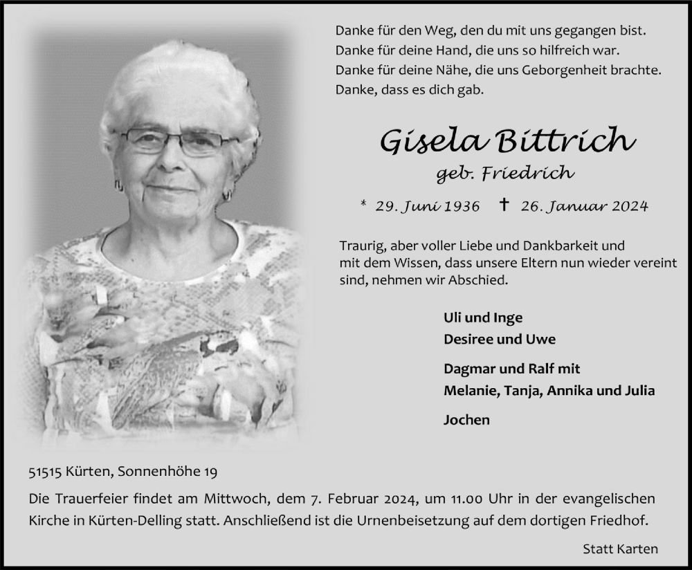  Traueranzeige für Gisela Bittrich vom 02.02.2024 aus  Bergisches Handelsblatt 
