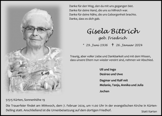 Anzeige von Gisela Bittrich von Kölner Stadt-Anzeiger / Kölnische Rundschau / Express