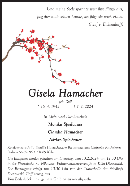 Anzeige von Gisela Hamacher von Kölner Stadt-Anzeiger / Kölnische Rundschau / Express