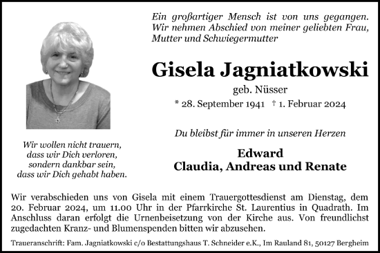 Anzeige von Gisela Jagniatkowski von  Werbepost 