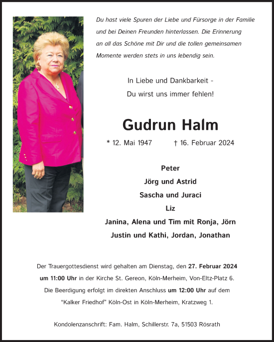 Anzeige von Gudrun Halm von Kölner Stadt-Anzeiger / Kölnische Rundschau / Express